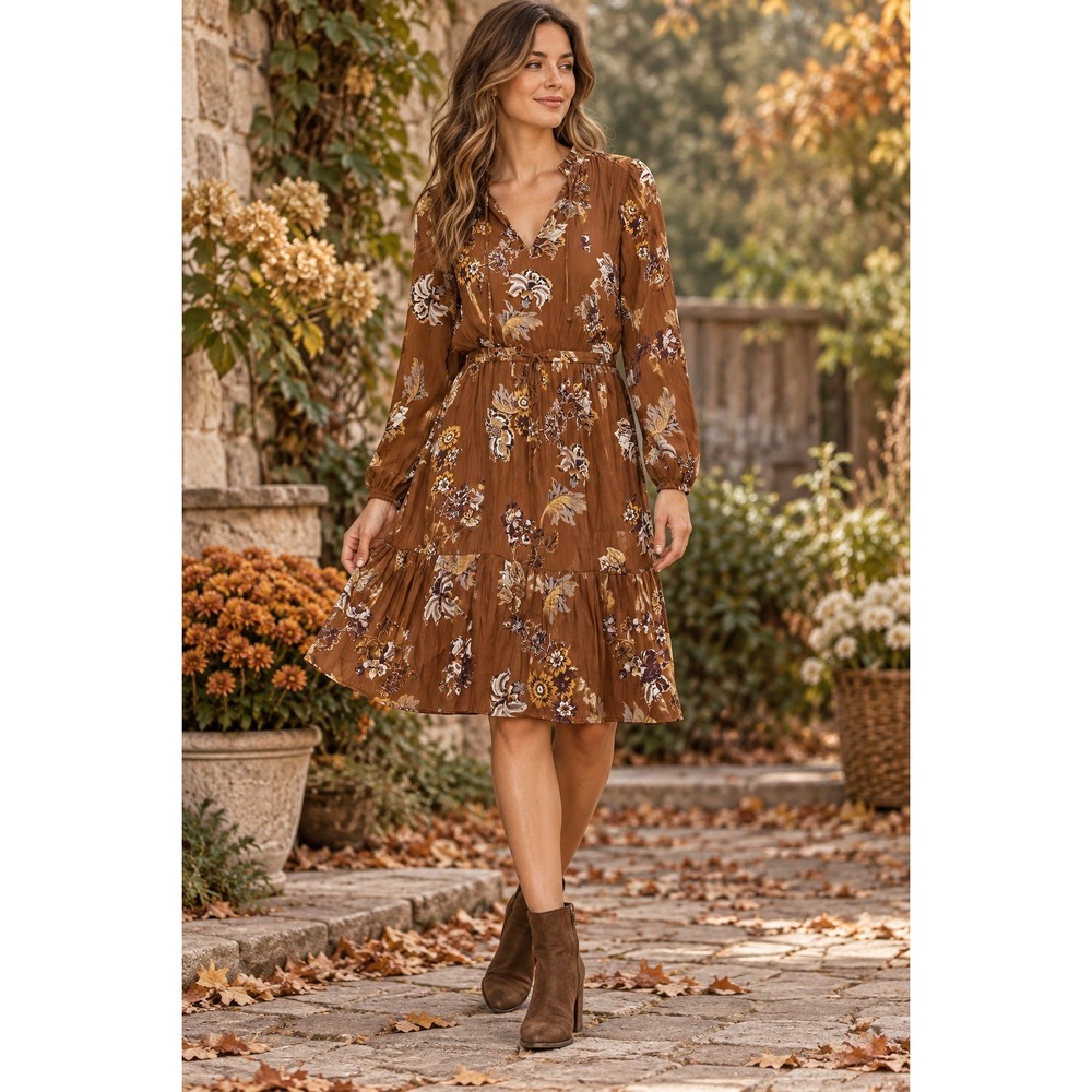 LOFT Floral Tiered Dress Womens M Rust Fall Cottagecore Romantic Boho